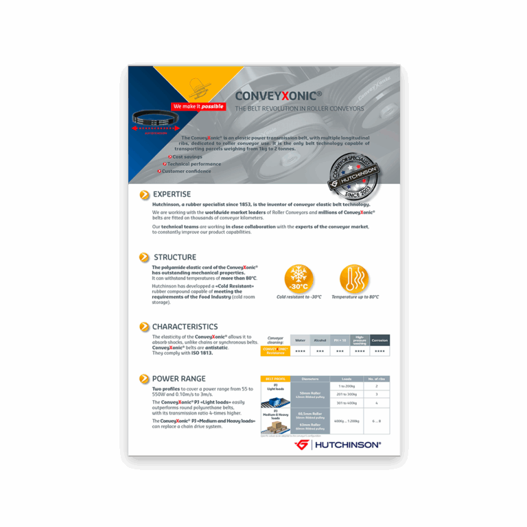 Plaquette commerciale Conveyxonic® – refonte graphique alignée sur la charte du groupe Hutchinson Transmission.