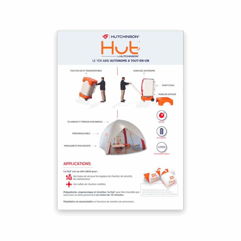 Présentation de la plaquette commerciale conçue pour le lancement de la startup Hut’ by Hutchinson, spécialisée dans les abris autonomes.