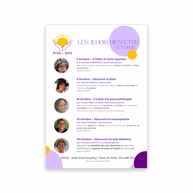 Affiche du programme des “Jeudis Bien-Être” organisés par l’association Éveil & Sens à Villabé (Essonne), présentant quatre ateliers d’octobre animés par des praticiens : auto-hypnose, Reiki, psychothérapie et naturopathie.