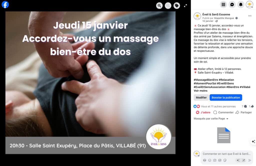 Visuel Facebook annonçant un atelier massage bien-être du dos organisé par Éveil & Sens à Villabé.