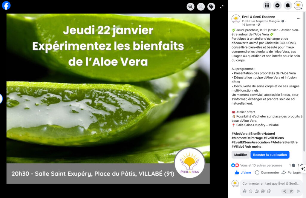 Visuel Facebook présentant un atelier découverte des bienfaits de l’Aloe Vera organisé par Éveil & Sens.