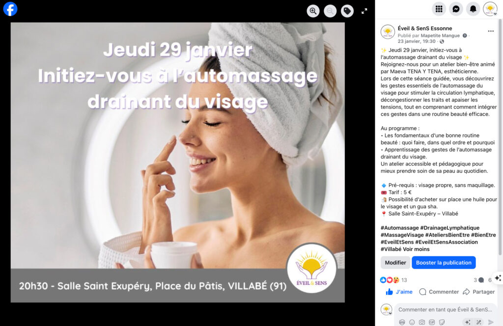 Visuel Facebook annonçant un atelier d’automassage drainant du visage organisé par l’association Éveil & Sens.