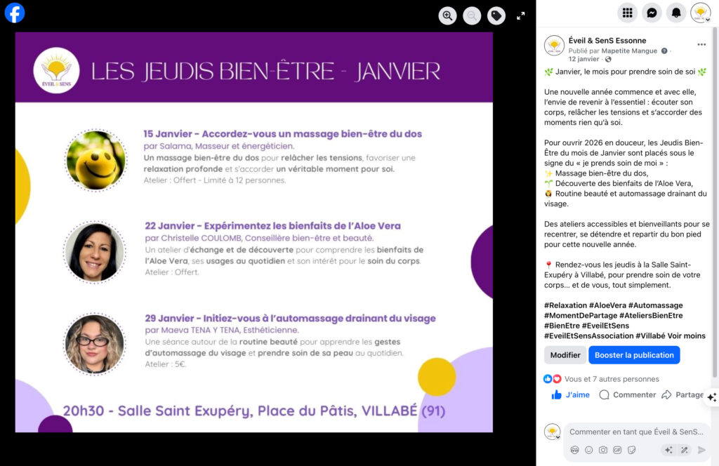Visuel présentant le programme complet des ateliers bien-être du mois de janvier organisé par Éveil & Sens.