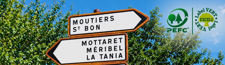 Panneaux de signalisation en bois de la Gamme Nature avec les labels PEFC et Vert Excell