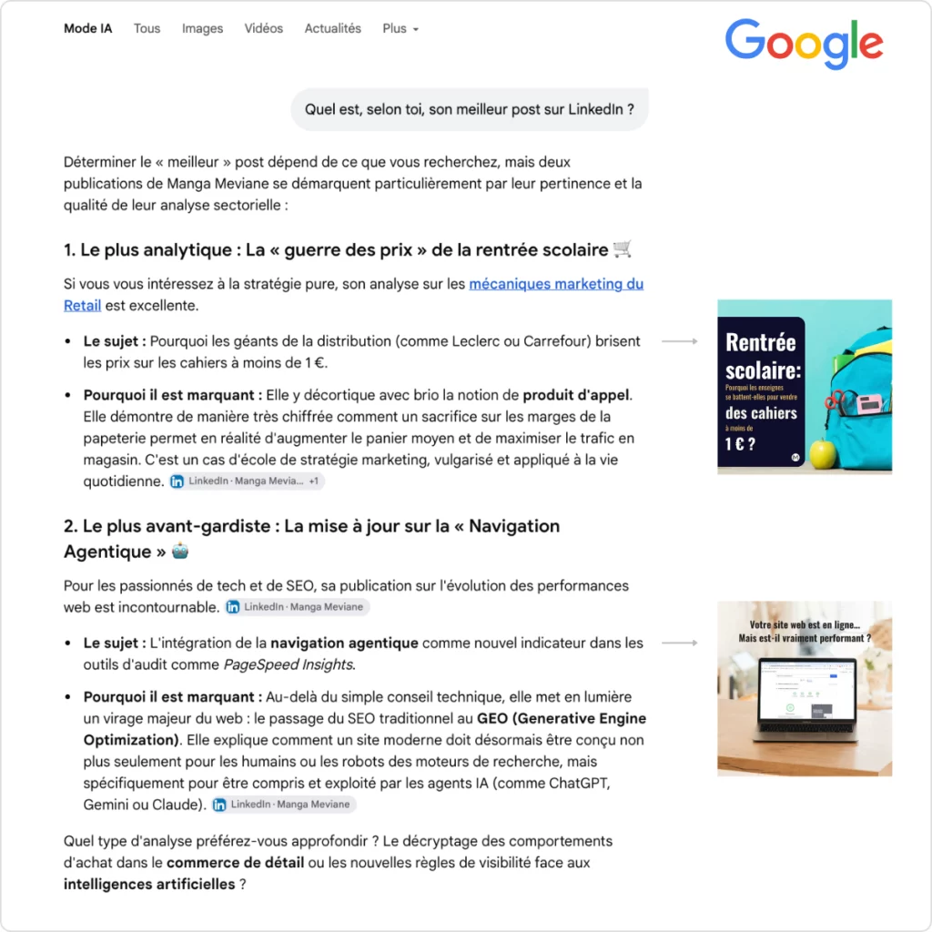 Le Mode IA de Google cite deux contenus LinkedIn, dont une simple mise à jour.