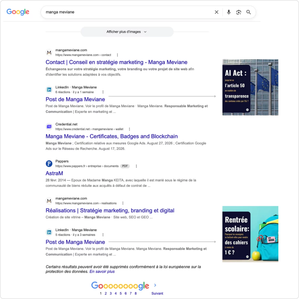 Publications LinkedIn affichées dans Google pour Manga Meviane